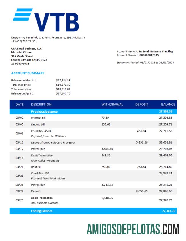 Modelo Realista VTB Bank Firm Account Statement Word e PDF